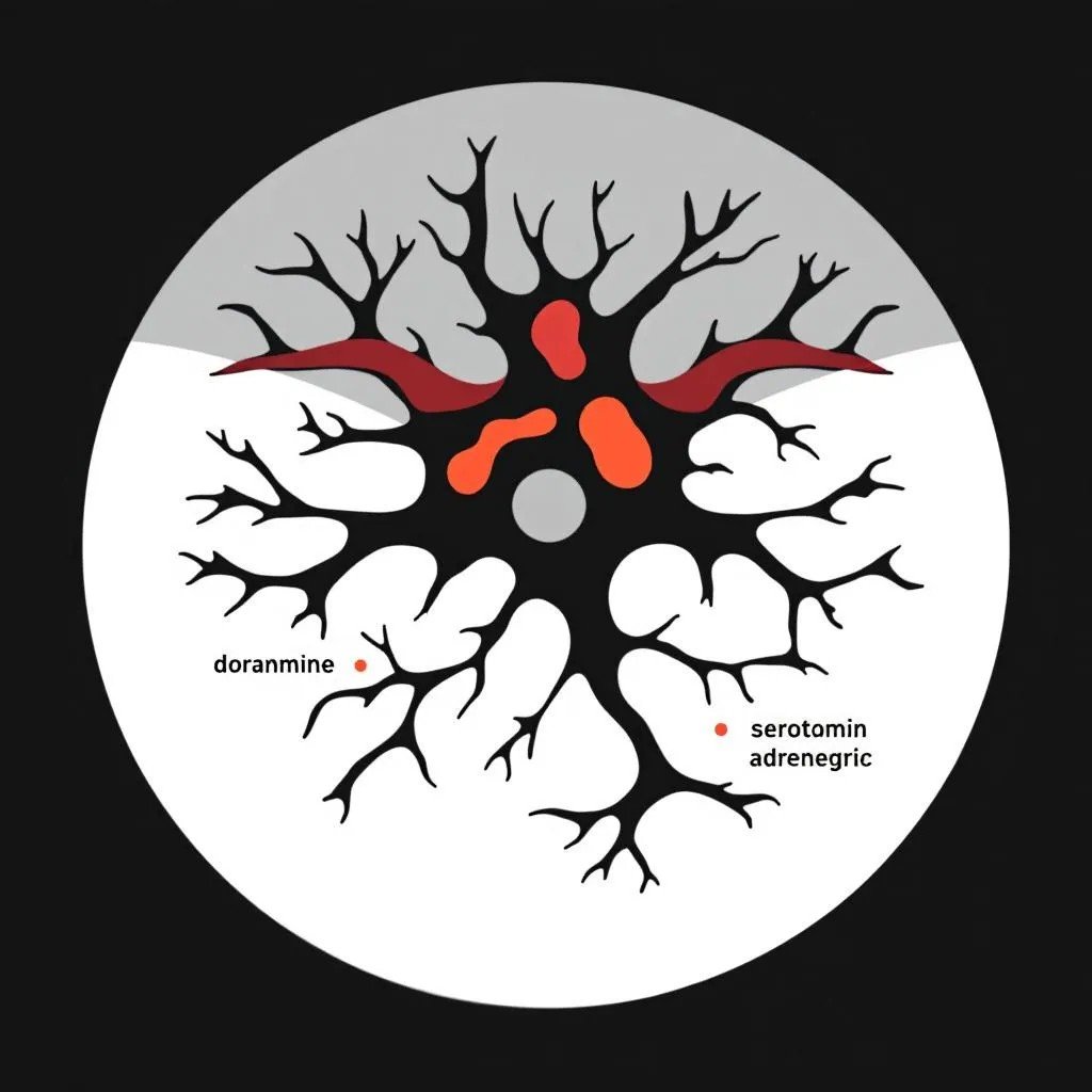 Diagram illustrating dopamine D2, serotonin 5-HT2A, and alpha-1 adrenergic receptor binding for atypical antipsychotics