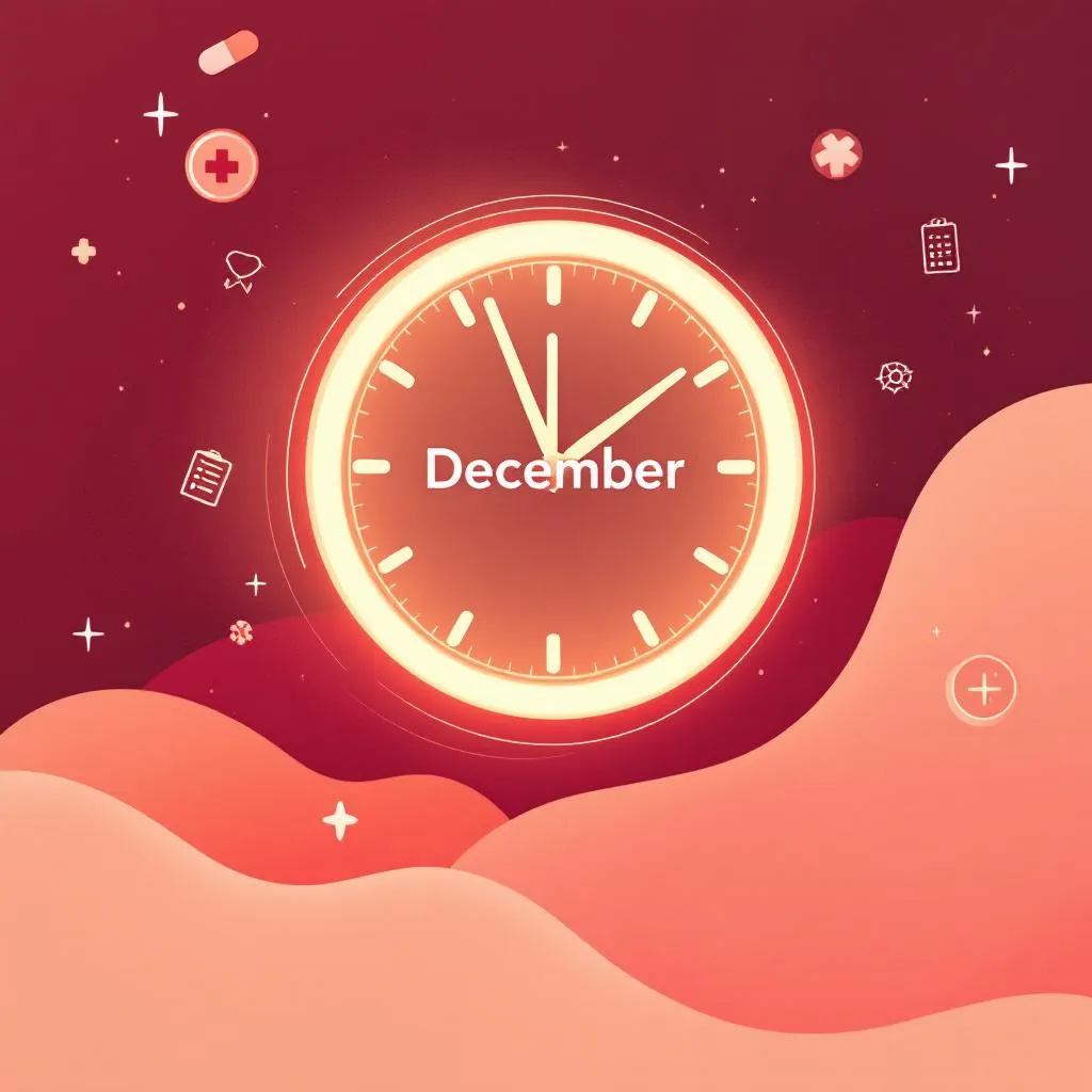 Abstract illustration of a calendar showing December 2026 with a countdown clock, surrounded by medical and legal icons, warm coral and cream palette