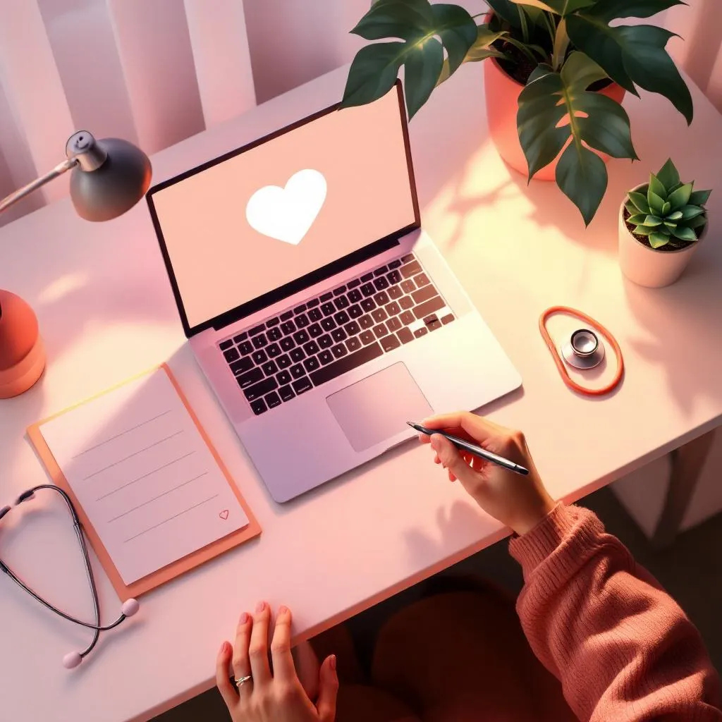 Abstract illustration of a laptop screen showing a secure telehealth video interface with prescription pad and stethoscope, warm coral and cream tones