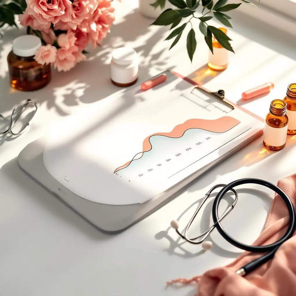 Clinical monitoring tools including a pediatric scale, growth chart clipboard, medication bottles, and a stethoscope arranged on a clinical desk