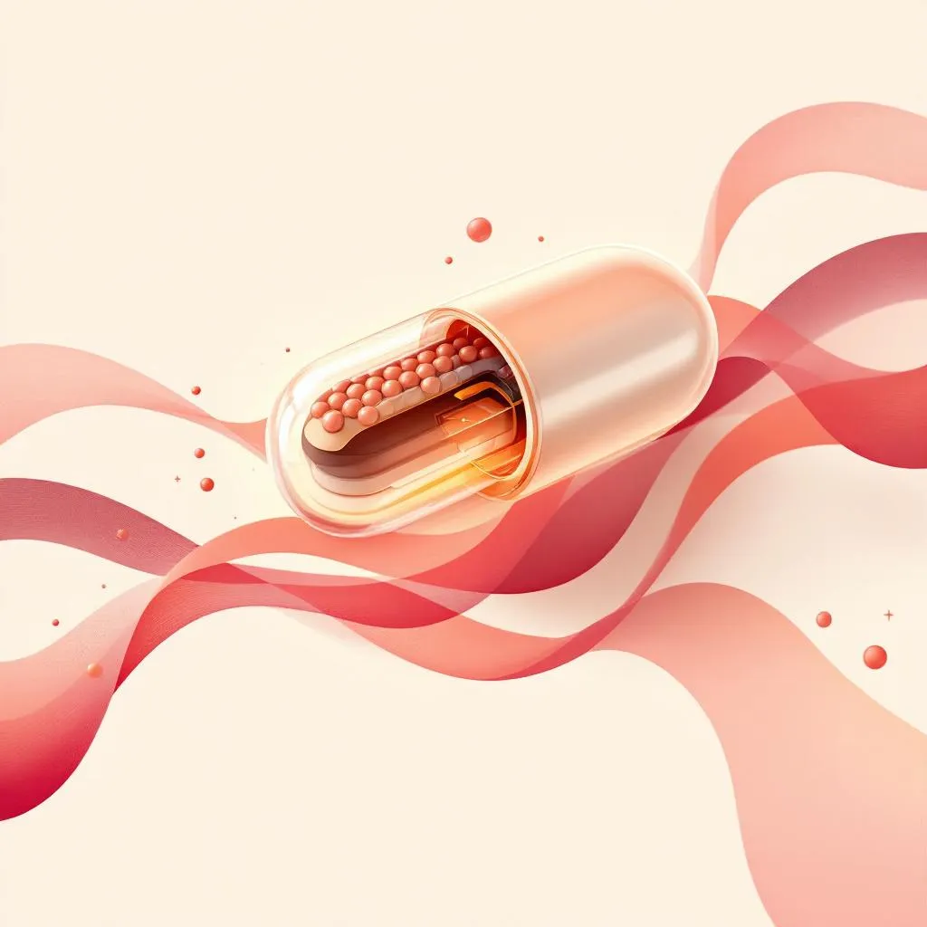 Illustration of extended-release medication capsule cross-section showing drug release mechanism with pharmacokinetic absorption curves