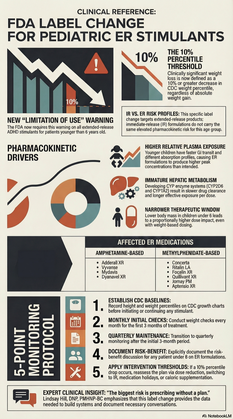FDA ADHD stimulant PMHNP: FDA ADHD stimulant label change clinical reference infographic for PMHNPs covering weight loss risk, monitoring protocols, and affected medications