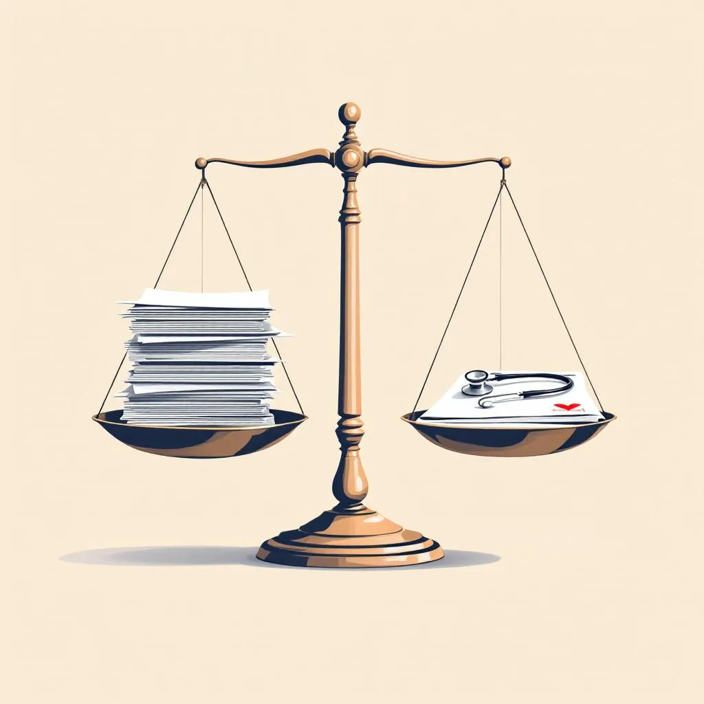 Illustration of a balanced scale with contract documents and a stethoscope, representing fair PMHNP employment negotiation