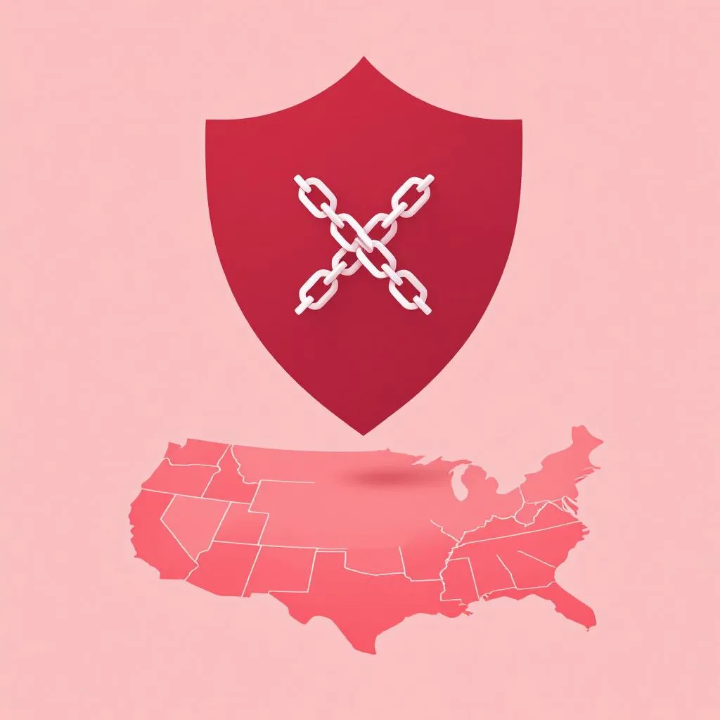 PMHNP contract red flags: Illustration of a shield blocking chains near a geographic map, symbolizing non-compete clause restrictions for PMHNPs