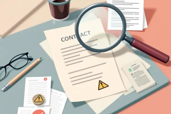 Professional illustration of a magnifying glass examining a healthcare employment contract, representing PMHNP contract red flags
