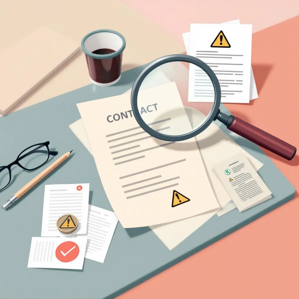 Professional illustration of a magnifying glass examining a healthcare employment contract, representing PMHNP contract red flags