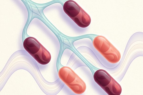 Abstract branching decision pathway diverging into four stylized capsule forms with a contrasting mood wave motif, cream burgundy and coral palette — bipolar depression PMHNP treatment algorithm header