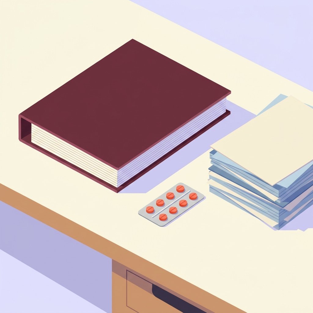Closed APA clinical practice guideline binder on a desk beside a blister pack of tablets and a neat stack of paper charts — the new rules for borderline personality disorder pharmacotherapy.