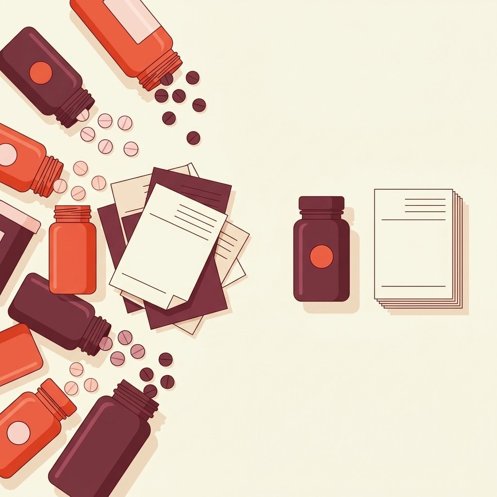 Still-life contrasting a cluttered pile of pill bottles and a messy prescription pad with a single clean empty bottle and tidy pad — common BPD prescribing mistakes versus deprescribing.