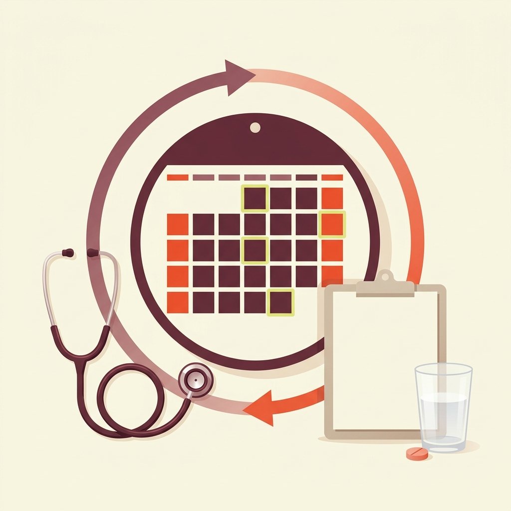 Circular wall calendar with a soft arrow loop beside a coiled stethoscope, clipboard, water glass, and a single tablet — the six-month medication reconciliation cadence for BPD.