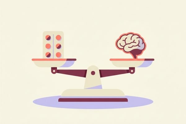 Minimalist apothecary scale balancing a medication tablet against a brain silhouette — editorial still-life illustrating BPD prescribing decisions for PMHNPs.