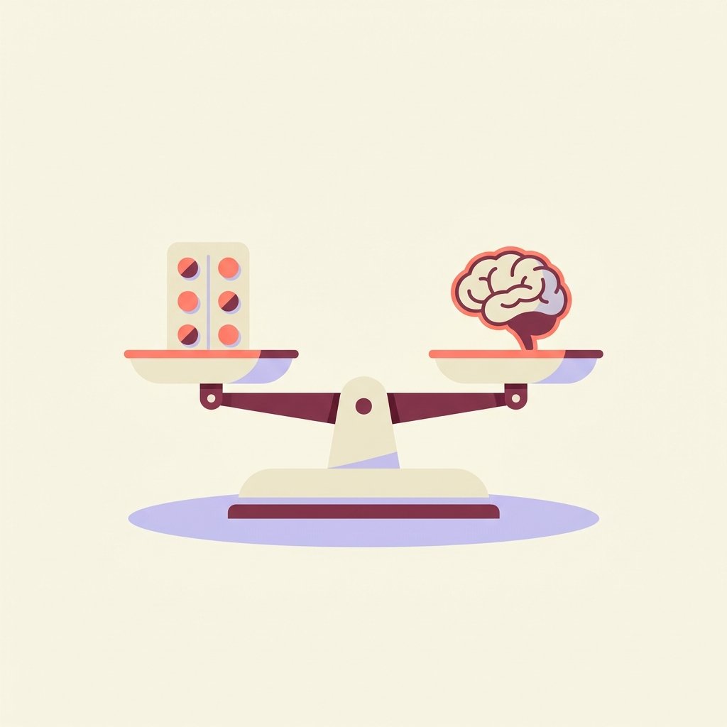 Minimalist apothecary scale balancing a medication tablet against a brain silhouette — editorial still-life illustrating BPD prescribing decisions for PMHNPs.