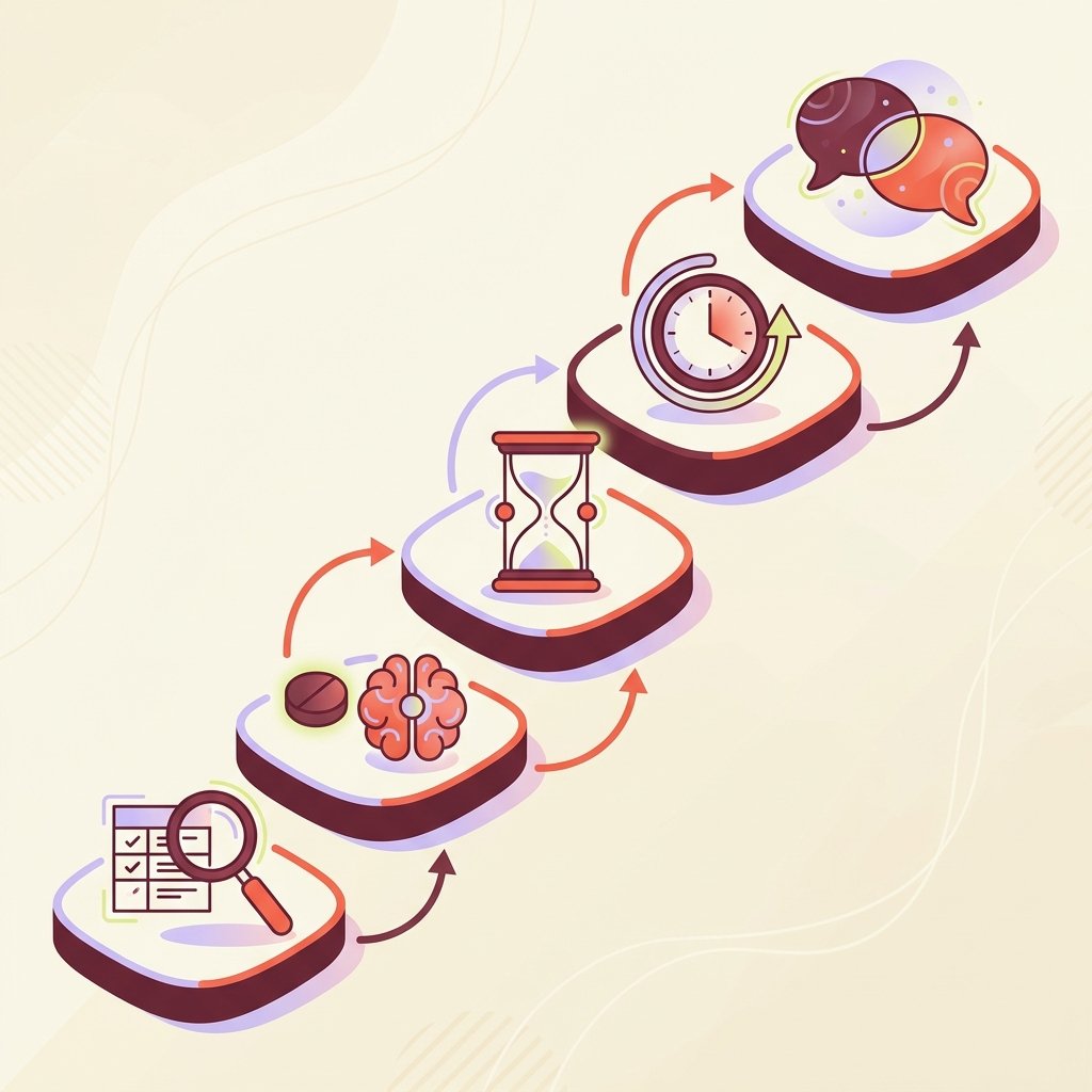 Five-step BPD prescribing algorithm for PMHNPs rendered as ascending stepping stones: review target symptoms, trial time-limited medication, set duration, reconcile every six months, anchor on psychotherapy.