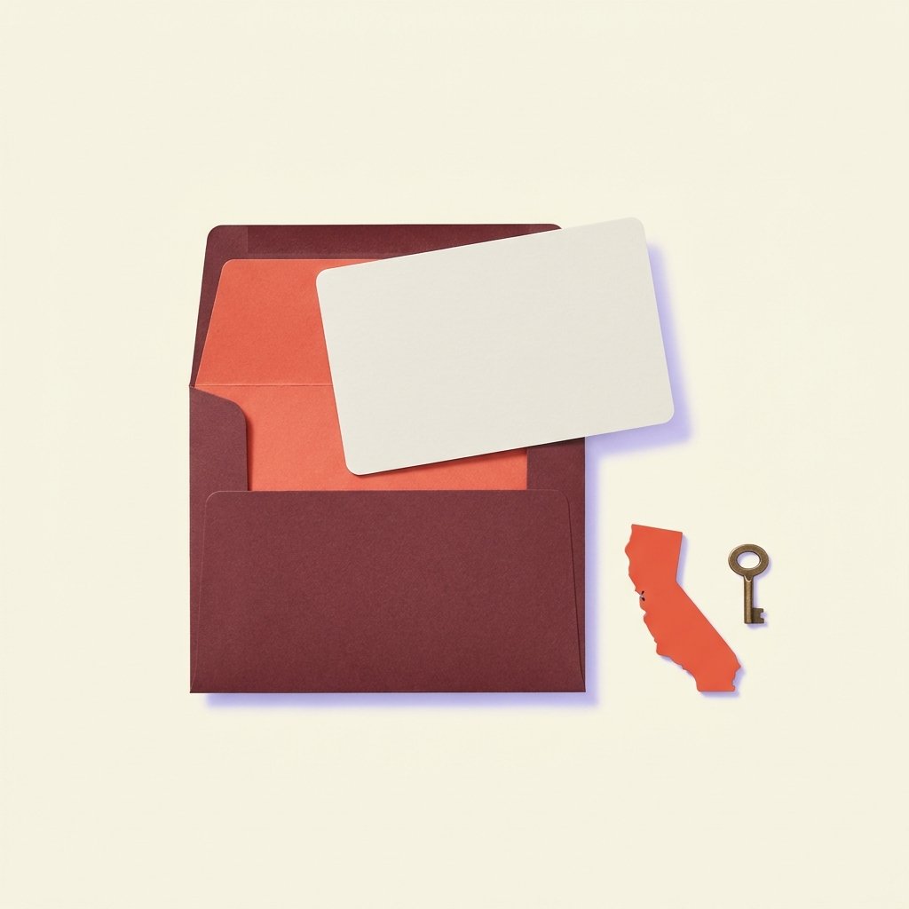 Open envelope with a blank license card, a small California state outline silhouette, and a tiny brass key — editorial still-life representing the new California 104 NP rule taking effect January 1, 2026.
