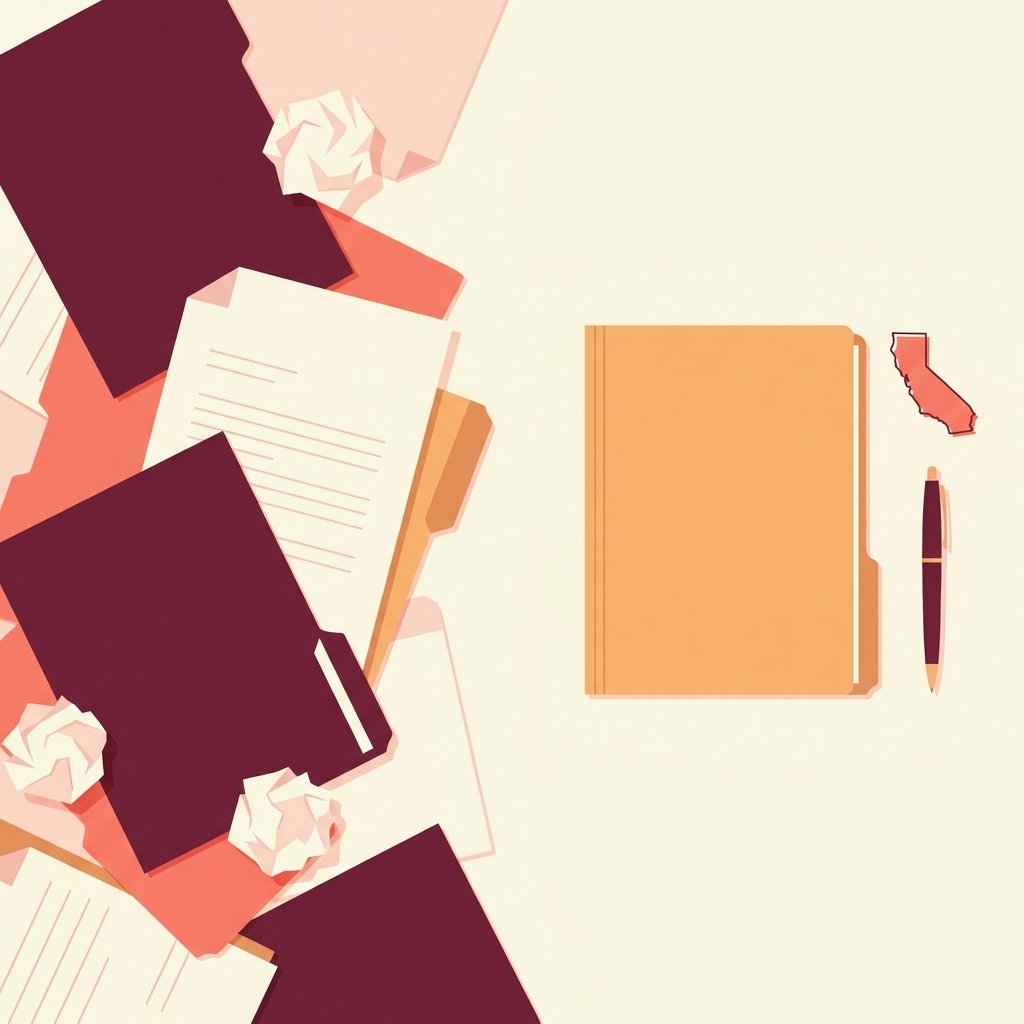 Still-life contrasting a chaotic scattered pile of California 104 NP application papers on the left with a single tidy closed manila folder, California state outline, and clean upright pen on the right — common application mistakes versus the disciplined approach.
