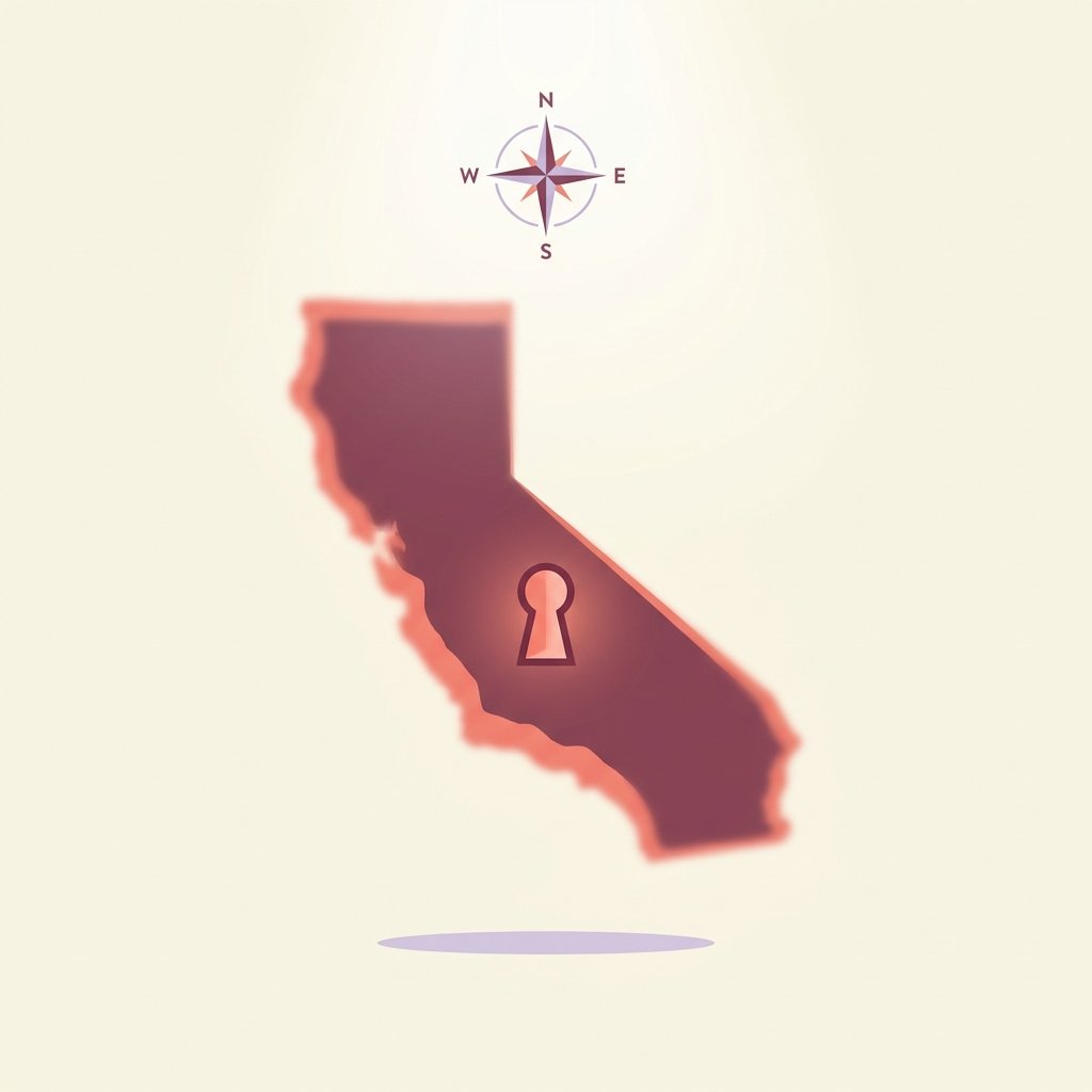 Minimalist California state outline with an open keyhole-shaped doorway and a small compass rose — editorial illustration of the new 104 NP independent practice license pathway for PMHNPs in 2026.