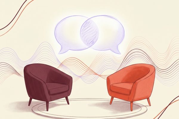 Abstract editorial illustration of a psychiatric therapy office representing countertransference between clinician and patient