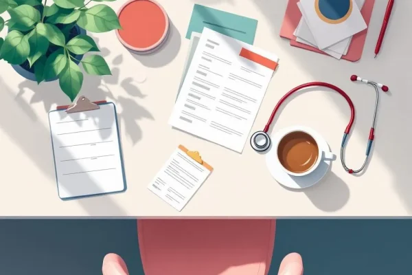 Clinical workspace representing PMHNP decision fatigue with prescription pads and stethoscope
