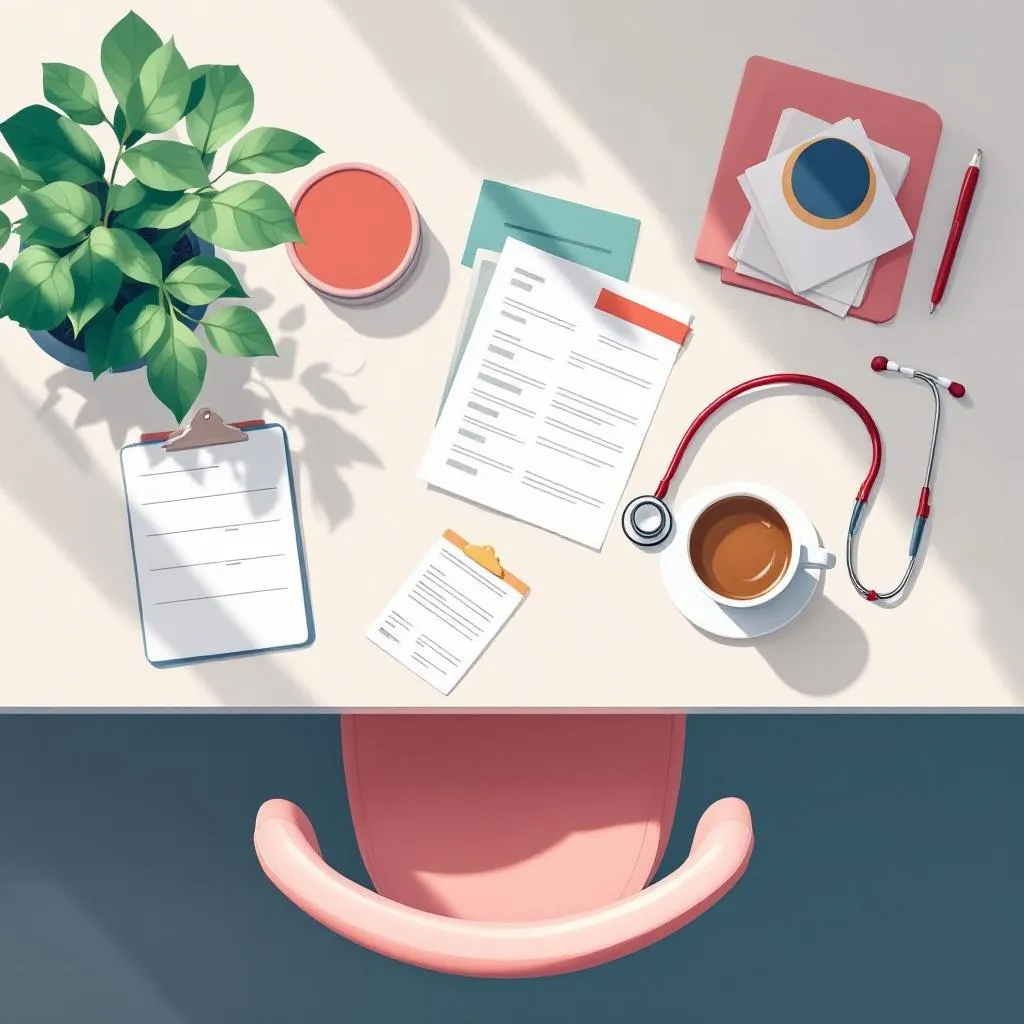 Clinical workspace representing PMHNP decision fatigue with prescription pads and stethoscope