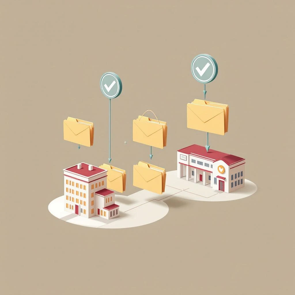 Folders moving between institutional buildings with verification checkmarks, representing primary source verification in PMHNP credentialing