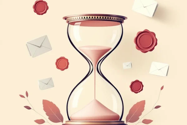 Abstract hourglass with envelopes and wax seals representing PMHNP credentialing timeline