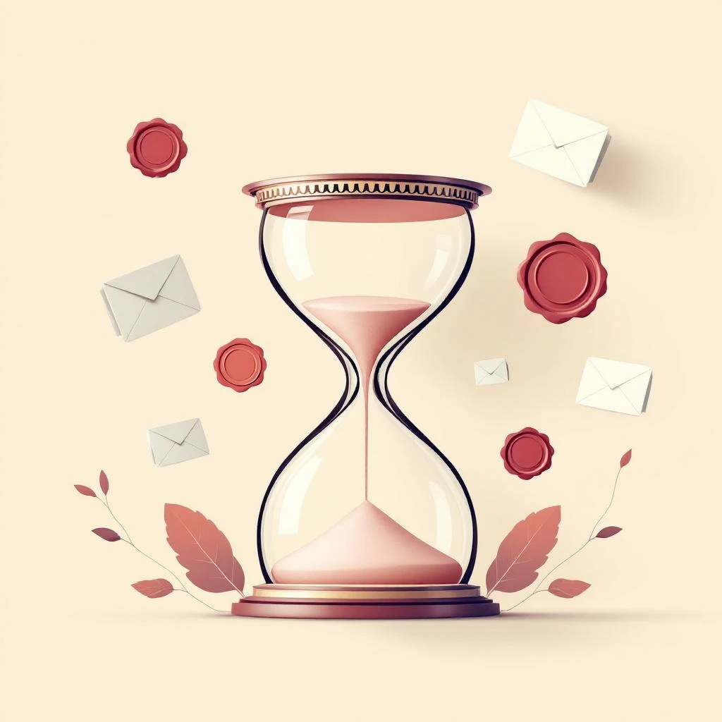 Abstract hourglass with envelopes and wax seals representing PMHNP credentialing timeline