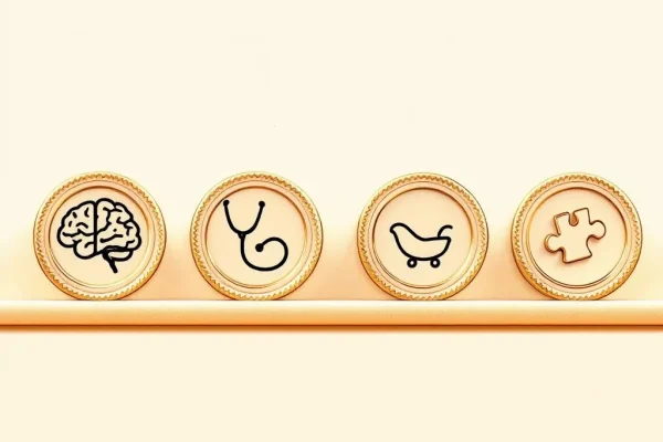 PMHNP subspecialty certification badges representing addiction, perinatal, pediatric, and rehabilitation psychiatry specializations