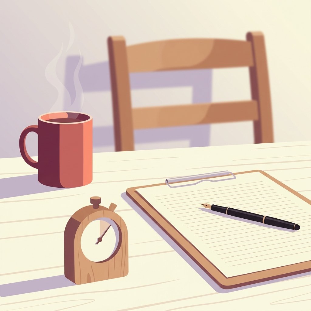 Editorial still-life of a small wooden stopwatch standing upright in the foreground with its second hand frozen mid-tick representing the two-minute seated observation window of the Barnes Akathisia Rating Scale, a small ruled cream paper clipboard resting flat beside the stopwatch with a thin black fountain pen resting diagonally across its surface representing the scoring sheet, a small wooden chair viewed from the side in the background, and a ceramic mug of warm tea with quiet steam on a quiet wooden desk — visual representation of the BARS screening protocol for antipsychotic patients.