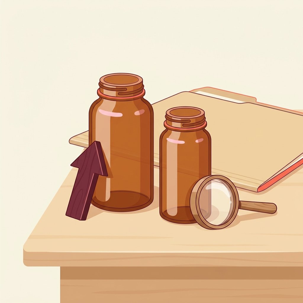 Editorial still-life of two contrasting unmarked smooth amber prescription bottles standing side by side on a quiet wooden desk with the left bottle taller than the right representing the dose-escalation trap, a small simple round magnifying glass resting on its side beside the bottles representing the missed differential between anxiety and akathisia, a small smooth wooden arrow pointing upward leaning against the taller bottle representing the wrong direction of escalation, and a small unmarked closed manila chart folder resting flat behind the bottles in soft overhead light — visual representation of what most new PMHNPs get wrong when akathisia is mistaken for anxiety and the antipsychotic dose is reflexively increased.