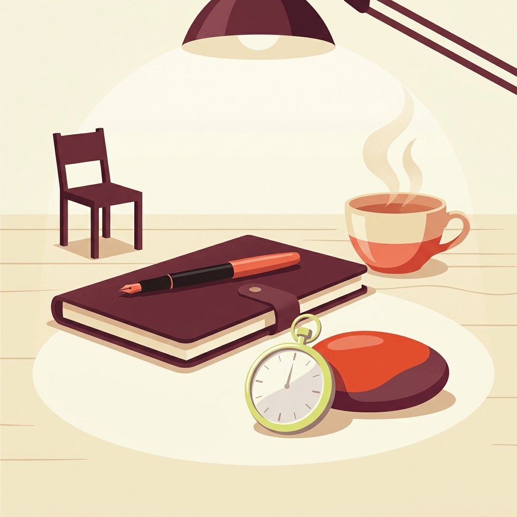 Editorial still-life of a small silver pocket watch resting upright on a quiet wooden desk representing the four-week minimum treatment window for anti-akathisia adjunct therapy, a smooth river stone resting calmly beside the watch representing restored stillness, a small wooden chair viewed from the side in the background, a closed leather notebook resting flat behind the watch with an upright fountain pen resting diagonally across its cover representing the documented BARS score at each follow-up, and a ceramic cup of warm tea with quiet steam under the warm focused circle of a small reading lamp — visual representation of the PMHNP monitoring plan for patients on propranolol or mirtazapine for akathisia.