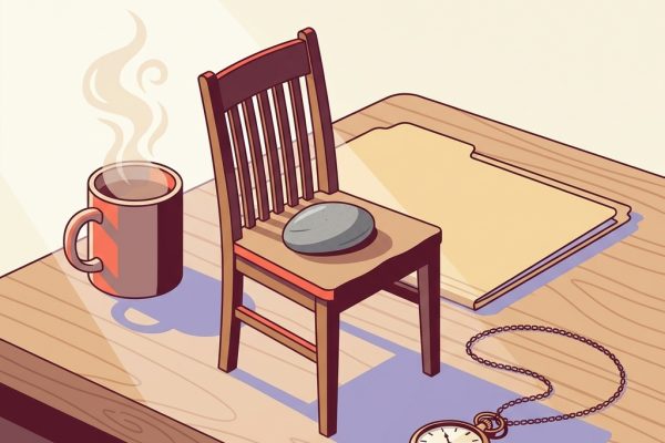 Editorial still-life of a small wooden chair viewed from the side with a smooth river stone resting on its seat representing the inability to sit still, a small analog pocket watch with a thin chain resting beside the chair representing the slow ticking time patients feel during akathisia, a small unmarked closed manila chart folder resting flat behind the chair, and a ceramic mug of warm tea with gentle steam on a quiet wooden desk in soft natural side light — header illustration for a 2026 PMHNP clinical-practice decision tree on antipsychotic-induced akathisia management.