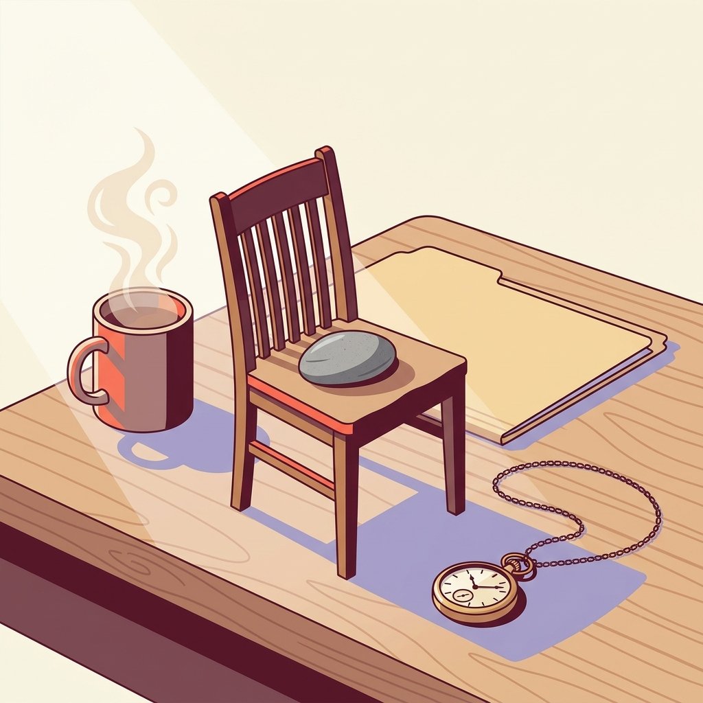 Editorial still-life of a small wooden chair viewed from the side with a smooth river stone resting on its seat representing the inability to sit still, a small analog pocket watch with a thin chain resting beside the chair representing the slow ticking time patients feel during akathisia, a small unmarked closed manila chart folder resting flat behind the chair, and a ceramic mug of warm tea with gentle steam on a quiet wooden desk in soft natural side light — header illustration for a 2026 PMHNP clinical-practice decision tree on antipsychotic-induced akathisia management.