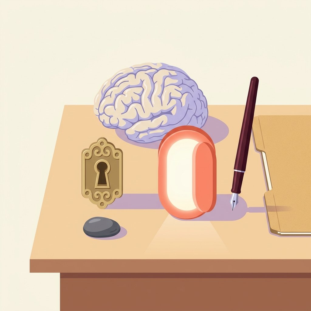 Editorial still-life of two distinct lock mechanisms on a wooden desk — a classic ornate brass keyhole with a small river stone resting in front of it left untouched and inactive, beside a smooth modern rounded portal shape softly glowing and open suggesting a new active pathway, with a ceramic anatomical brain sculpture behind both and a fountain pen on a closed manila folder — visual representation of how Cobenfy produces an antipsychotic effect without blocking dopamine D2 receptors.