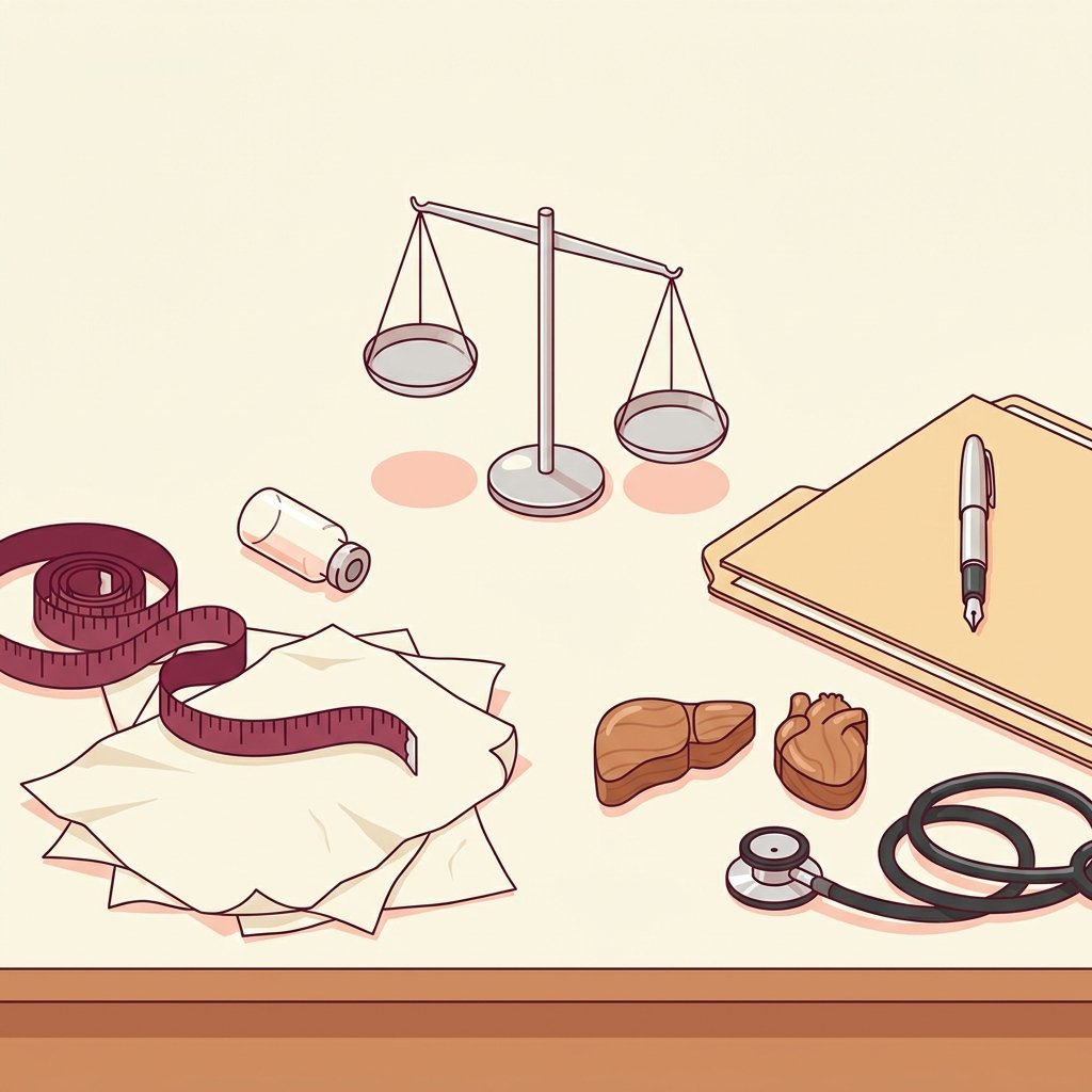Editorial still-life contrasting two baseline-workup approaches for a new-mechanism antipsychotic on one wooden desk — a coiled cloth measuring tape, a tipped-over empty glass vial, and a crooked stack of loose papers on the left representing the outdated metabolic-panel reflex applied to the wrong drug class, and a small wooden liver-shaped token and heart-shaped token beside a coiled stethoscope and a closed manila folder with a fountain pen on the right representing the correct liver enzyme and heart rate baseline workup, with a small balance scale between them tipped toward the orderly side — the central misread PMHNPs make about Cobenfy.