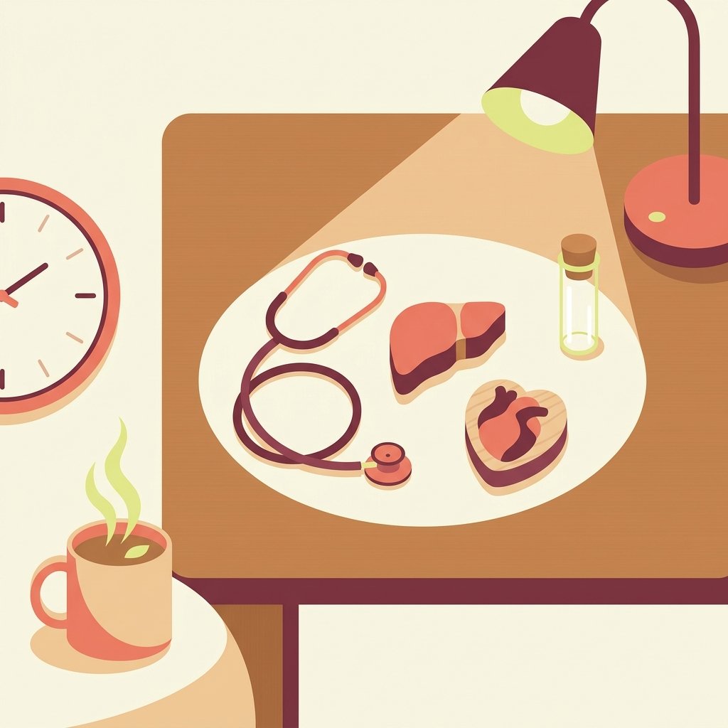 Editorial still-life of a coiled stethoscope beside a small wooden liver-shaped token and heart-shaped token, an unlabeled glass specimen vial, a circular wall clock face, and a ceramic cup of herbal tea with steam under the warm focused circle of a reading lamp on a quiet wooden desk — visual representation of ongoing liver enzyme, heart rate, and urinary-retention monitoring and safety follow-up for a patient on Cobenfy.