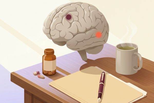 Editorial still-life of a small ceramic anatomical brain sculpture with two softly glowing accent points suggesting two distinct receptor targets, a small unlabeled amber medicine bottle with a few capsules beside it, an upright fountain pen across a closed manila folder, and a ceramic mug of herbal tea with gentle steam on a quiet wooden desk in soft natural side light — header illustration for a 2026 PMHNP prescribing guide to Cobenfy (xanomeline-trospium), the first new-mechanism antipsychotic for schizophrenia in decades.