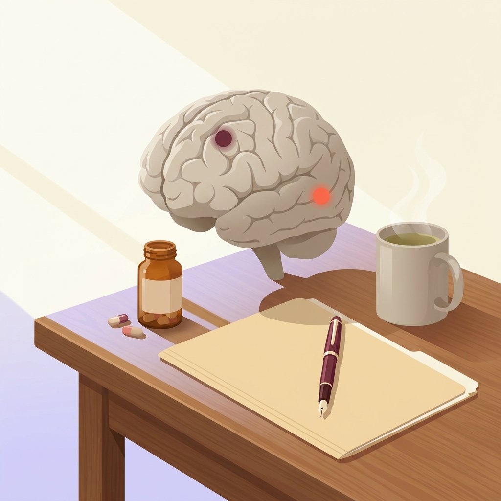 Editorial still-life of a small ceramic anatomical brain sculpture with two softly glowing accent points suggesting two distinct receptor targets, a small unlabeled amber medicine bottle with a few capsules beside it, an upright fountain pen across a closed manila folder, and a ceramic mug of herbal tea with gentle steam on a quiet wooden desk in soft natural side light — header illustration for a 2026 PMHNP prescribing guide to Cobenfy (xanomeline-trospium), the first new-mechanism antipsychotic for schizophrenia in decades.