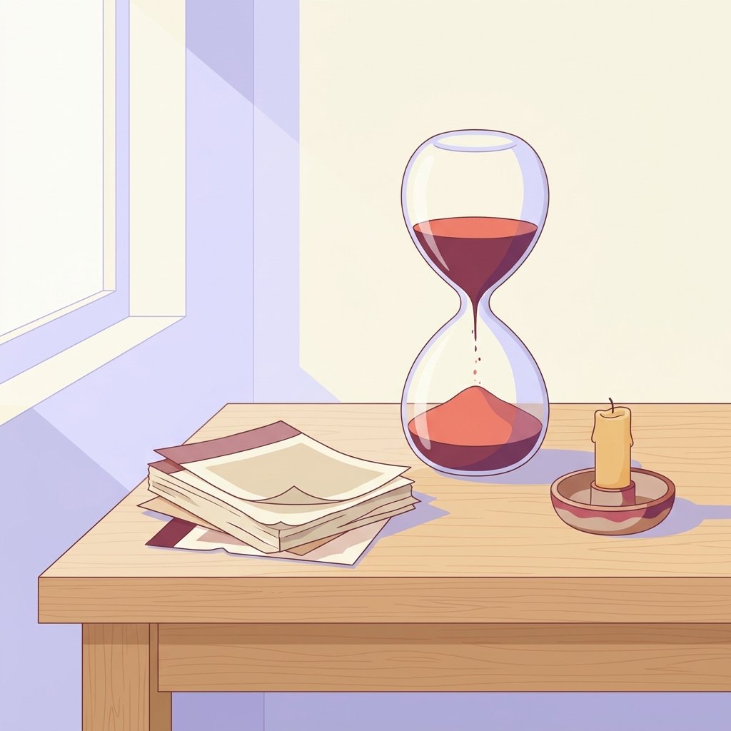 Editorial still-life of a tall hourglass with slow-flowing sand on a wooden desk beside a quiet stack of softly worn loose calendar pages and a small unlit candle — visual representation of the average six to ten year diagnostic delay between symptom onset and a bipolar disorder diagnosis.
