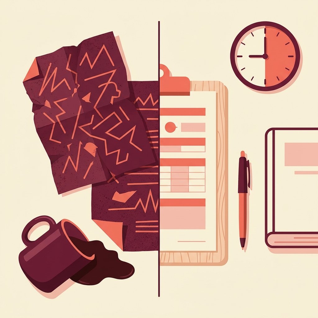 Editorial still-life contrasting two approaches to confirming a bipolar diagnosis, with a single crumpled torn questionnaire sheet beside a tipped-over coffee mug on the left representing over-reliance on the MDQ as a standalone screen, and one neat clipboard with a printed structured clinical interview form, an upright pen, a DSM-5-TR book outline, and a tidy clock face on the right — the structured interview as the diagnostic standard.