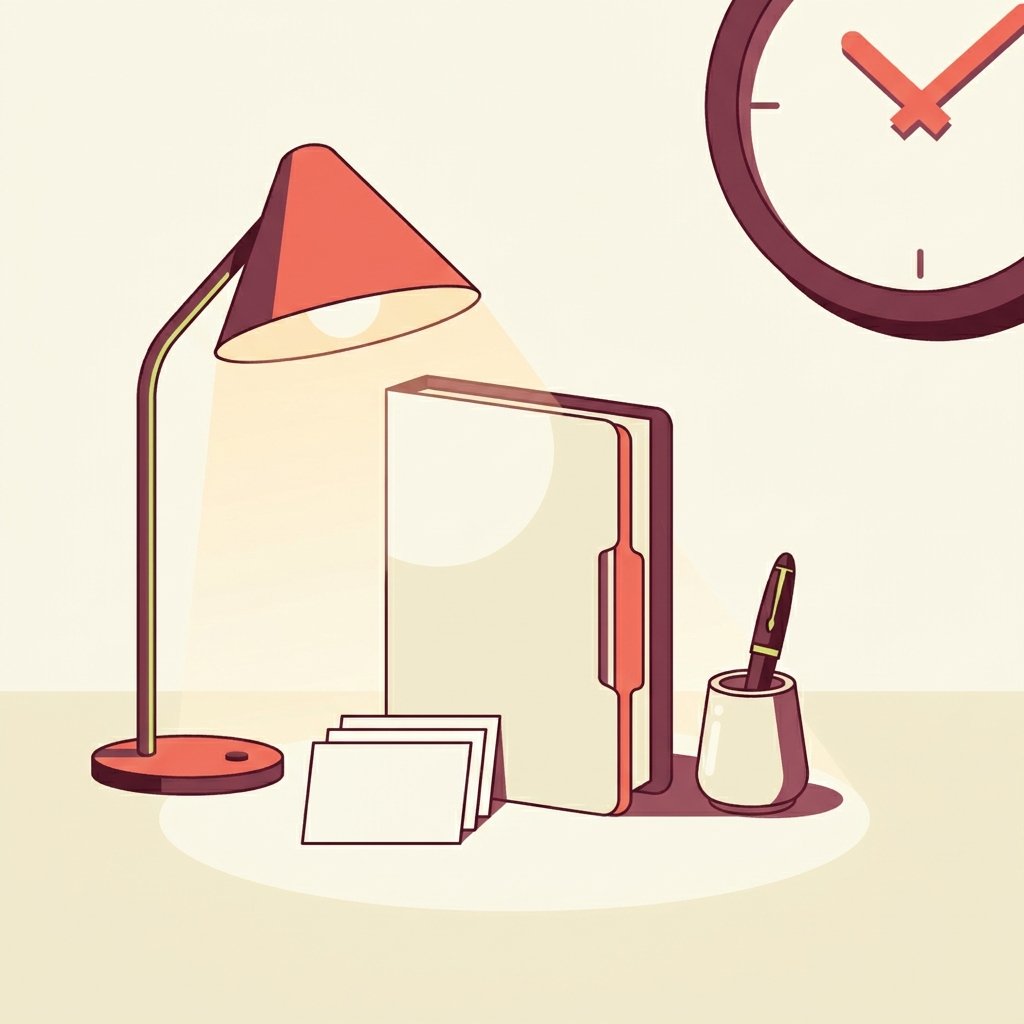Editorial still-life of careful outpatient documentation of a bipolar disorder diagnosis by a psychiatric nurse practitioner — a neat clinical chart folder beside a small reading lamp casting a warm focused circle of light, an upright fountain pen in a ceramic holder, a quiet round wall clock, and a small stack of three clean blank index cards representing differential diagnoses ruled out.