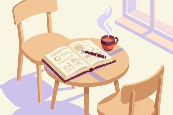 Editorial still-life of two empty wooden chairs facing each other across a low side table with an open hardcover medical reference book, a fountain pen resting across the pages, and a ceramic cup of tea with quiet wisps of steam — header illustration for a 2026 PMHNP confidence script on delivering a bipolar disorder diagnosis.