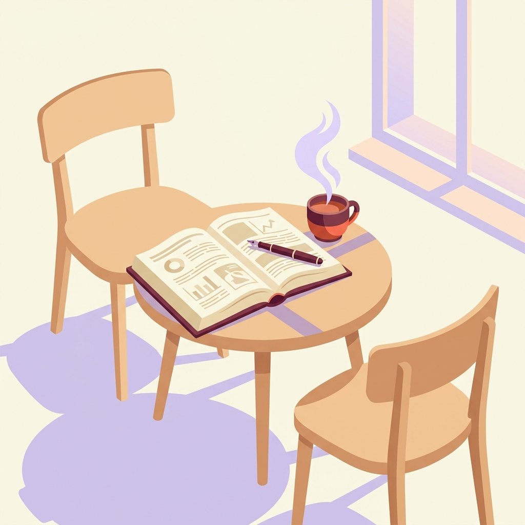 Editorial still-life of two empty wooden chairs facing each other across a low side table with an open hardcover medical reference book, a fountain pen resting across the pages, and a ceramic cup of tea with quiet wisps of steam — header illustration for a 2026 PMHNP confidence script on delivering a bipolar disorder diagnosis.