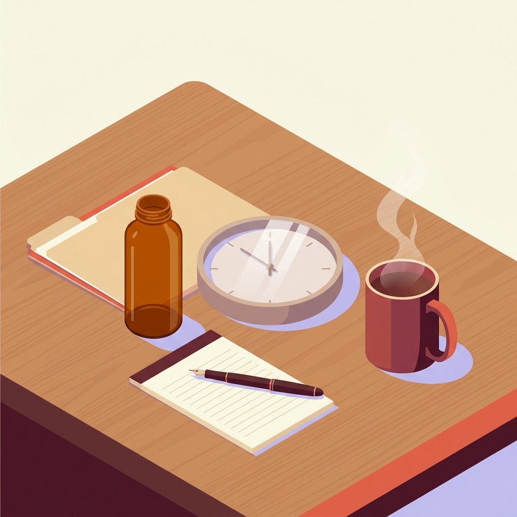 Editorial still-life of a small simple analog desk clock lying flat on a quiet wooden desk representing the AHRQ CANDOR 60-minute disclosure window, a smooth empty amber prescription bottle standing upright beside the clock representing the verified dosing error, a small neat closed manila chart folder resting flat behind the bottle representing the supervisor consultation note, a small ruled cream paper notepad resting flat in front of the clock with a thin black fountain pen resting diagonally across it representing contemporaneous documentation of the three pre-call steps, and a ceramic mug of warm tea with quiet steam in soft natural overhead light — visual representation of the first 60 minutes after a PMHNP discovers a medication error.