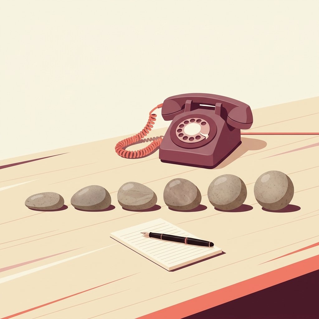 Editorial still-life of six small smooth river stones arranged in a gentle horizontal row from left to right on a quiet wooden desk each one slightly rounder than the last representing the six-beat word-by-word disclosure script (opening, naming, impact, apology, next step, invitation), a small corded rotary desk telephone resting upright behind the stones with its handset calmly seated in its cradle representing the disclosure call in progress, and a small ruled cream paper notepad resting flat in front of the stones with a thin black fountain pen resting diagonally across it representing rehearsing the script aloud, in soft overhead light — visual representation of the six-beat PMHNP medication-error disclosure script.