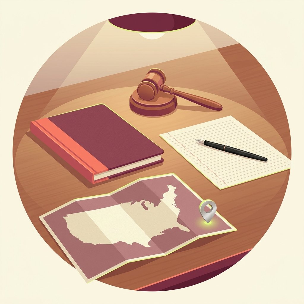Editorial still-life of a small unmarked folded paper map silhouette resting flat on a quiet wooden desk representing the 34-states-plus-DC apology-law landscape, a small silver location pin resting on the corner of the map representing the prescriber's home state, a small neat closed legal binder resting flat behind the map representing the malpractice carrier policy review, a small ruled cream paper chart-note page resting flat beside the binder with a thin black fountain pen resting diagonally across it representing the defensible contemporaneous documentation, and a small wooden gavel resting flat on its side in the background representing legal protection — visual representation of how state apology laws and chart-note discipline protect a PMHNP after a medication-error disclosure.