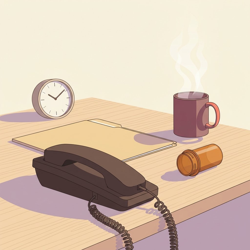 Editorial still-life of a small corded telephone handset resting on its cradle on a quiet wooden clinician desk representing the disclosure call a new PMHNP must make within the AHRQ CANDOR 60-minute window after a medication error, a smooth empty amber prescription bottle resting on its side beside the phone representing the verified dosing error, a small neat closed manila chart folder resting flat behind the phone representing contemporaneous documentation, a simple analog desk clock showing a calm steady time representing the 60-minute disclosure deadline, and a ceramic mug of warm tea in soft natural side light — header illustration for a 2026 PMHNP confidence script on disclosing a medication error to a psychiatric patient.