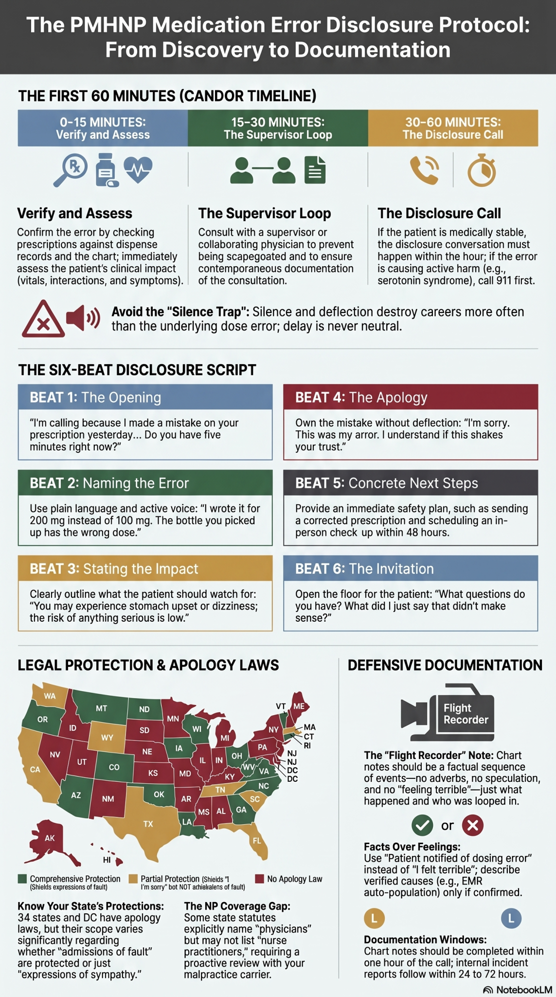 Portrait infographic generated for new PMHNPs covering the 2026 medication-error disclosure protocol — the AHRQ CANDOR 60-minute disclosure window, the three pre-call steps (verify the error, assess clinical impact, loop in the supervisor), the six-beat word-by-word script (opening, naming, impact, apology, next step, invitation), the apology-law map showing the 34 states plus DC with protection and the 12 states without, the three most common new-PMHNP mistakes (over-explaining, passive voice, going silent after the call), and the chart-note anatomy template for a defensible contemporaneous record.