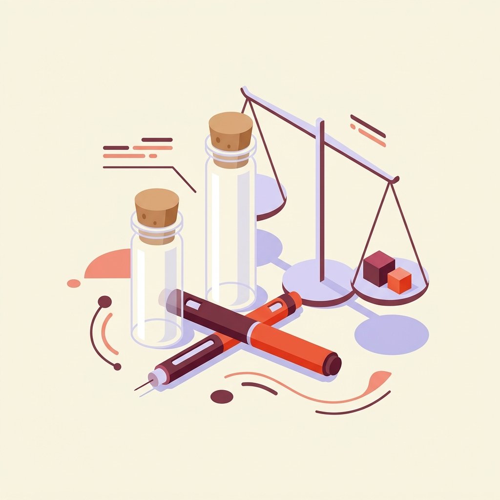 Two clear glass laboratory vials of different heights with a single small injection pen between them and a tilted balance scale on the side — editorial still-life representing the SemaPsychiatry randomized trial of semaglutide added to clozapine and olanzapine for weight and metabolic outcomes.