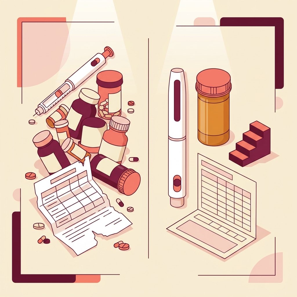 Still-life contrasting a chaotic scattered pile of pill bottles and a tipped injection pen on the left with a single tidy upright injection pen, a neat closed pill bottle, a small stepped staircase icon, and a clean folded dosing chart on the right — common GLP-1 prescribing mistakes alongside an antipsychotic versus the disciplined titration approach.