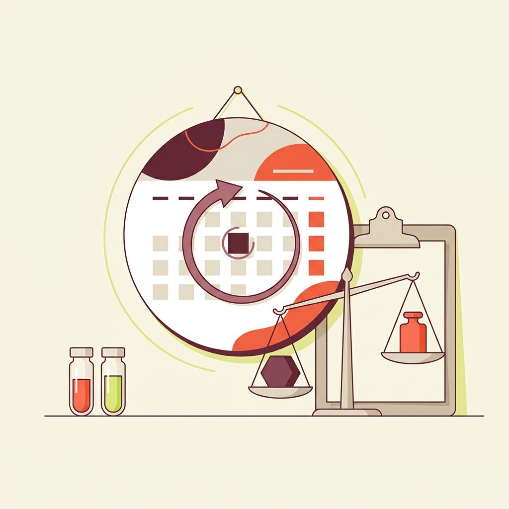 Circular wall calendar with a soft arrow loop beside two upright laboratory vials, a tilted balance scale, and an upright clipboard — editorial still-life of the metabolic and psychiatric monitoring cadence for a PMHNP patient on a GLP-1 plus an antipsychotic.